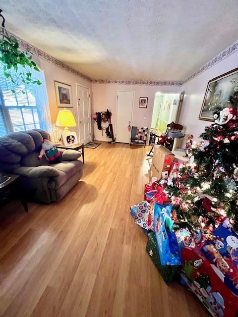 living area with light wood-style flooring and a textured ceiling