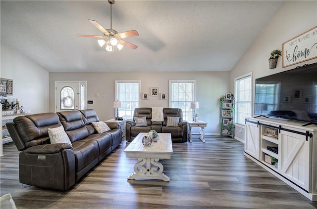 10 Alexandria Ln, Dallas, GA 30132 - living room with vaulted ceiling, ceiling fan, and dark wood-style flooring