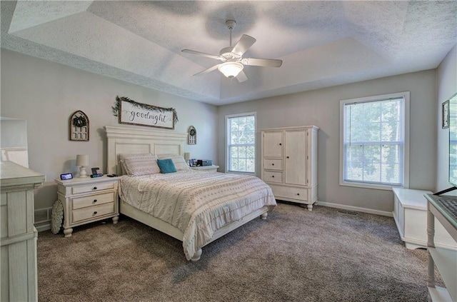 10 Alexandria Ln, Dallas, GA 30132 - bedroom with a textured ceiling, dark colored carpet, a raised ceiling, and ceiling fan