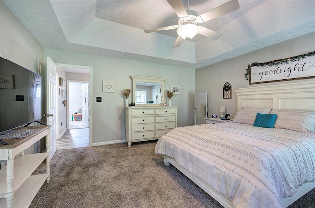 10 Alexandria Ln, Dallas, GA 30132 - bedroom featuring a tray ceiling, carpet, ceiling fan, and a textured ceiling