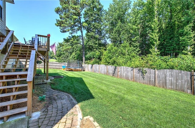 10 Alexandria Ln, Dallas, GA 30132 - fenced backyard featuring a trampoline, stairs, and a wooden deck