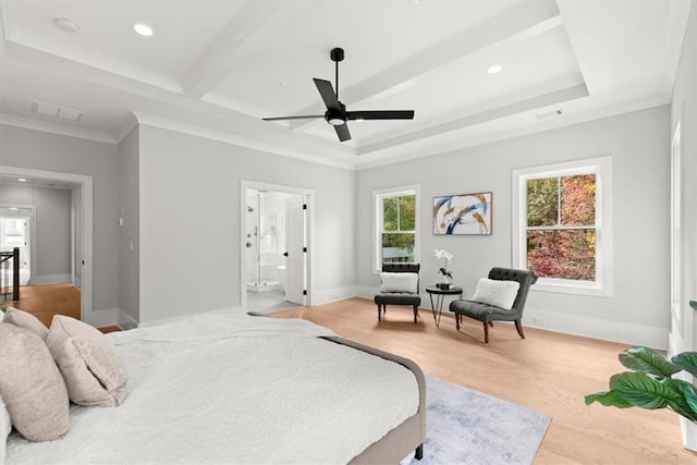 bedroom with light hardwood / wood-style floors, ensuite bathroom, beamed ceiling, ceiling fan, and crown molding