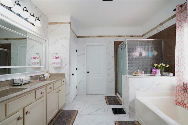 3770 Falling Leaf Ln, Cumming, GA 30041 - bathroom with a garden tub, marble look tile flooring, ornamental molding, vanity, and a shower stall