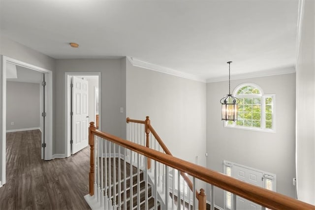 911 Queensbrooke Way, Mableton, GA 30126 - hallway featuring an upstairs landing, dark wood finished floors, baseboards, a chandelier, and crown molding