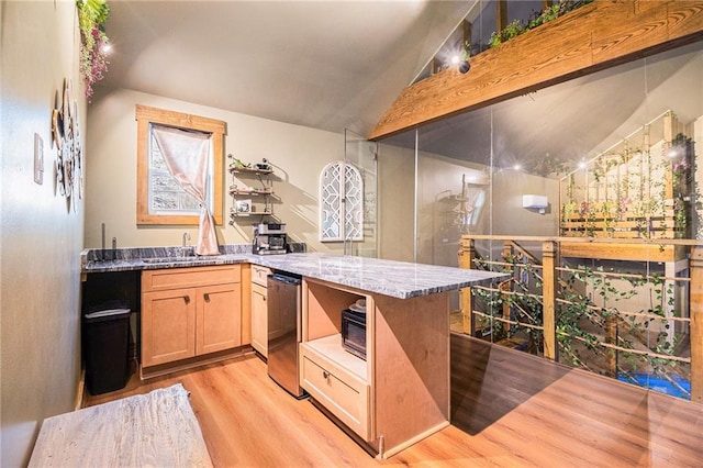 kitchen with vaulted ceiling with beams, light wood-style flooring, stone countertops, dishwasher, and a peninsula