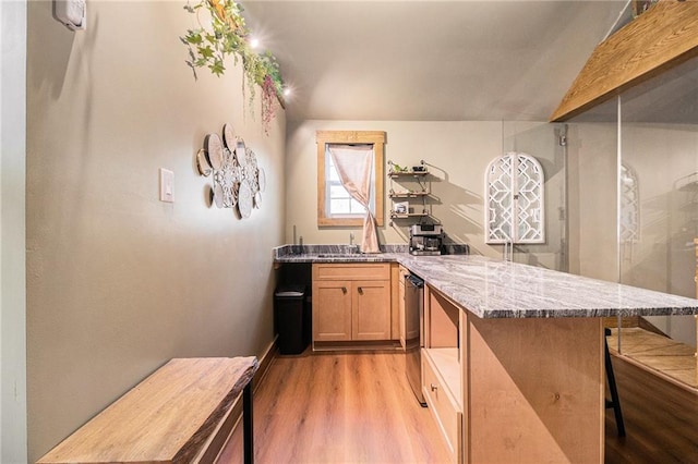 kitchen with light wood finished floors, dishwasher, light stone counters, a kitchen breakfast bar, and a peninsula