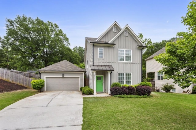 view of front of home featuring fence, a garage, board and batten siding, a front yard, and concrete driveway