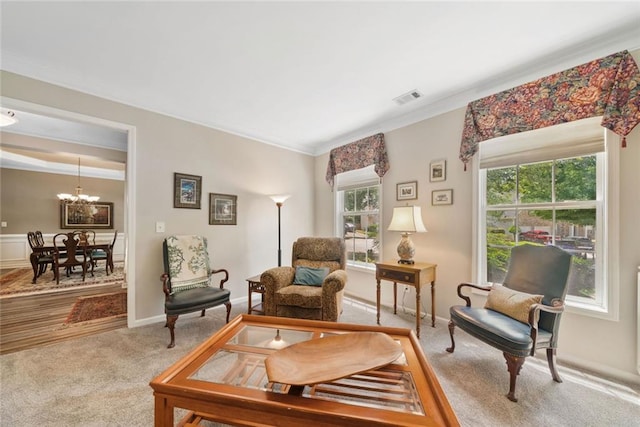 3633 Gilpin Ct, Lawrenceville, GA 30044 - sitting room with carpet flooring, a chandelier, crown molding, and baseboards