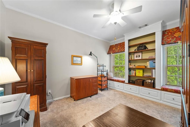 3633 Gilpin Ct, Lawrenceville, GA 30044 - office space featuring ornamental molding, light carpet, a ceiling fan, and baseboards