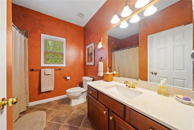 3633 Gilpin Ct, Lawrenceville, GA 30044 - bathroom featuring toilet, vanity, baseboards, tile patterned flooring, and a shower with curtain