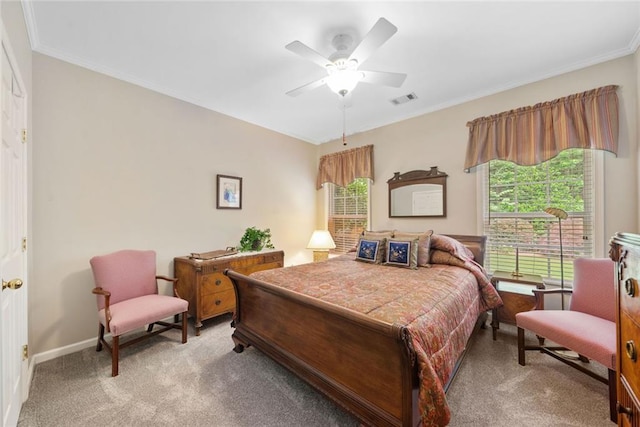 3633 Gilpin Ct, Lawrenceville, GA 30044 - bedroom with light colored carpet, crown molding, ceiling fan, and baseboards