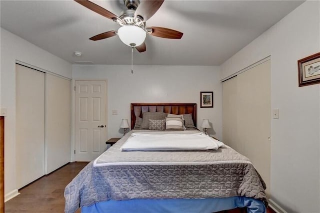 bedroom with wood finished floors and a ceiling fan