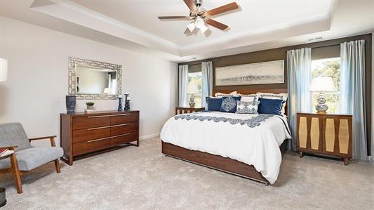 bedroom with ceiling fan, multiple windows, and a tray ceiling