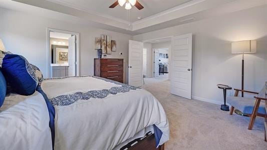 bedroom with light carpet, a raised ceiling, ceiling fan, and crown molding