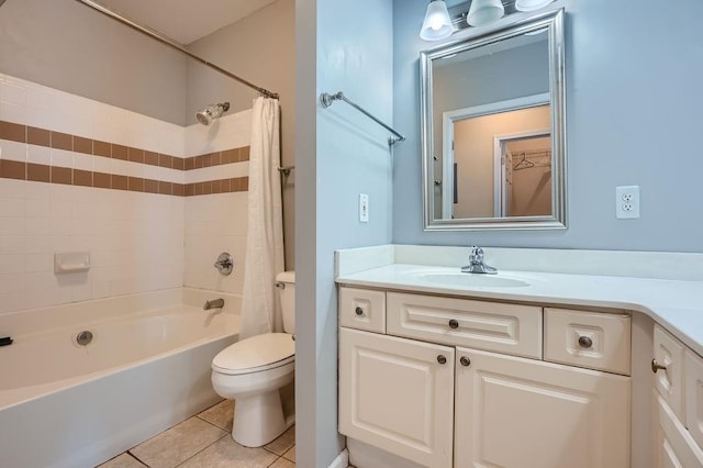 full bathroom with shower / bath combination with curtain, tile patterned floors, vanity, and toilet