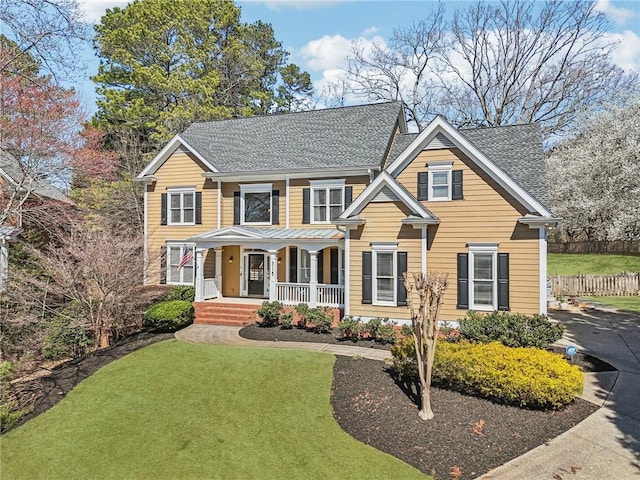 view of front of home with a porch, fence, a front lawn, and roof with shingles