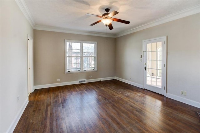 unfurnished room featuring ornamental molding, dark wood-type flooring, and ceiling fan