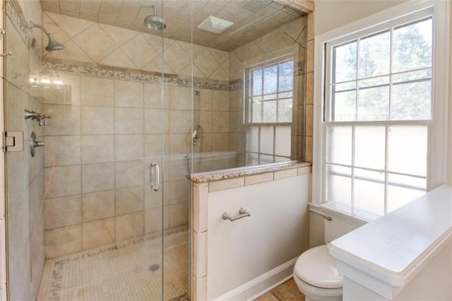 bathroom with toilet and a shower with shower door