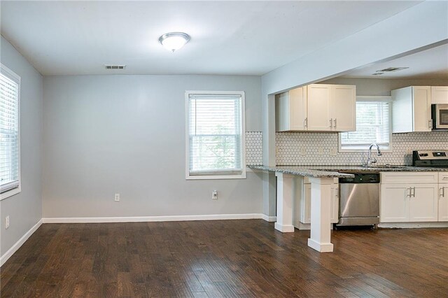 kitchen featuring light stone countertops, appliances with stainless steel finishes, dark hardwood / wood-style flooring, and a wealth of natural light