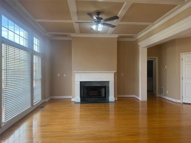 1919 Barrett Knoll Cir NW, Kennesaw, GA 30152 - unfurnished living room with a ceiling fan, baseboards, light wood-type flooring, coffered ceiling, and ornamental molding
