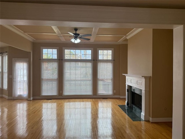 1919 Barrett Knoll Cir NW, Kennesaw, GA 30152 - unfurnished living room with baseboards, a fireplace, light wood-type flooring, ceiling fan, and coffered ceiling