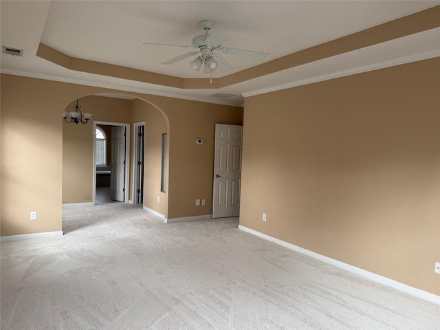 1919 Barrett Knoll Cir NW, Kennesaw, GA 30152 - unfurnished room with arched walkways, light carpet, ceiling fan, a chandelier, and crown molding