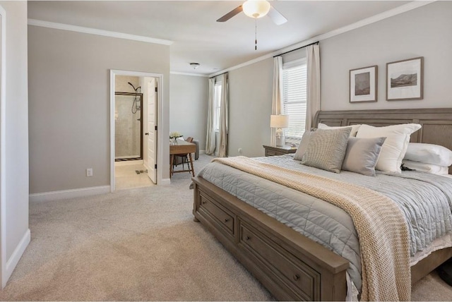 bedroom with light carpet, baseboards, connected bathroom, ceiling fan, and ornamental molding