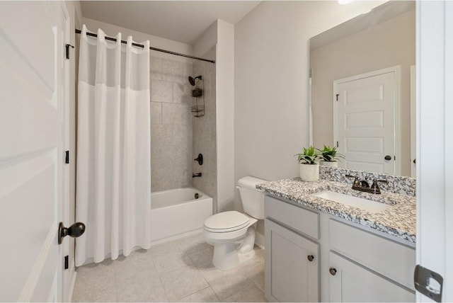 bathroom with shower / tub combo, tile patterned flooring, vanity, and toilet