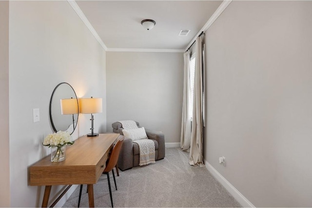 living area featuring light carpet, crown molding, visible vents, and baseboards