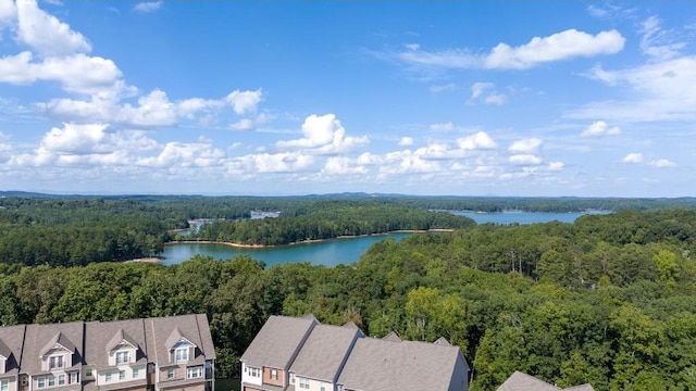 aerial view with a water view and a view of trees