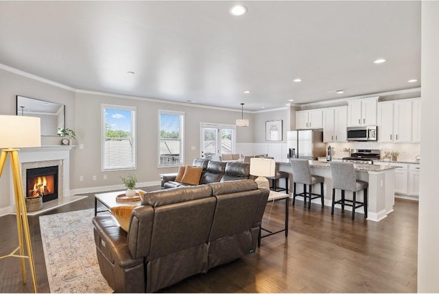 living area with recessed lighting, crown molding, dark wood-style flooring, and a high end fireplace