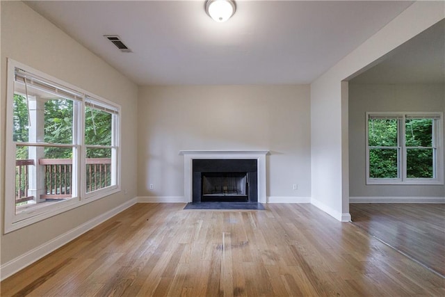 3135 Washington Rd, Atlanta, GA 30344 - unfurnished living room with light wood finished floors, a fireplace with flush hearth, and healthy amount of natural light