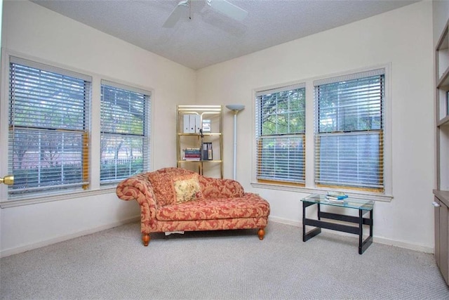 sitting room with a textured ceiling, carpet, baseboards, and a healthy amount of sunlight