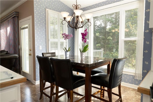 3071 Intrepid Wake, Marietta, GA 30062 - dining room featuring wallpapered walls, healthy amount of natural light, a chandelier, and lofted ceiling