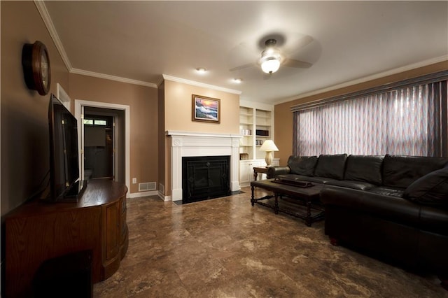 3071 Intrepid Wake, Marietta, GA 30062 - living area featuring a ceiling fan, crown molding, a fireplace with flush hearth, and built in shelves