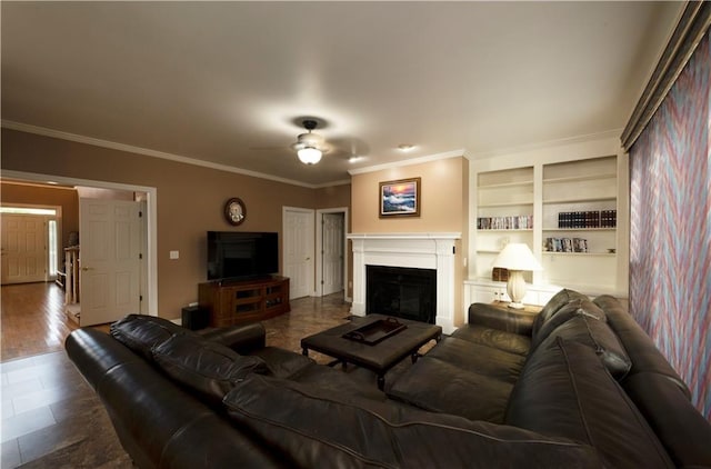 3071 Intrepid Wake, Marietta, GA 30062 - living area with a fireplace, ceiling fan, crown molding, and built in features