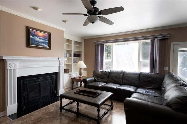 3071 Intrepid Wake, Marietta, GA 30062 - living area with crown molding, plenty of natural light, a ceiling fan, built in features, and a fireplace