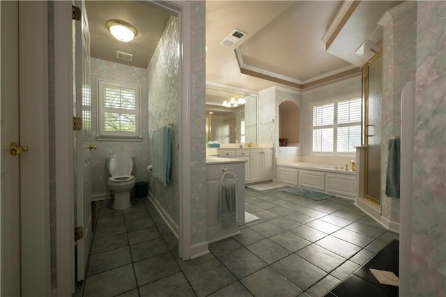 3071 Intrepid Wake, Marietta, GA 30062 - bathroom with a bath, crown molding, tile patterned floors, vanity, and a stall shower