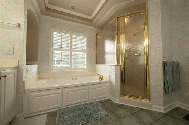 3071 Intrepid Wake, Marietta, GA 30062 - full bathroom with wallpapered walls, a garden tub, a shower stall, vanity, and tile patterned flooring