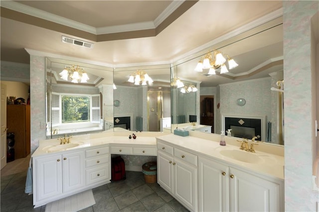 3071 Intrepid Wake, Marietta, GA 30062 - bathroom featuring a chandelier, ornamental molding, tile patterned floors, vanity, and wallpapered walls