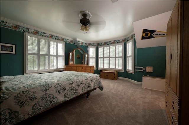 3071 Intrepid Wake, Marietta, GA 30062 - carpeted bedroom featuring multiple windows, crown molding, wallpapered walls, and a ceiling fan