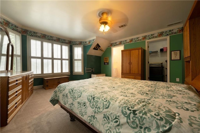 3071 Intrepid Wake, Marietta, GA 30062 - bedroom featuring light colored carpet, a closet, crown molding, a ceiling fan, and wallpapered walls