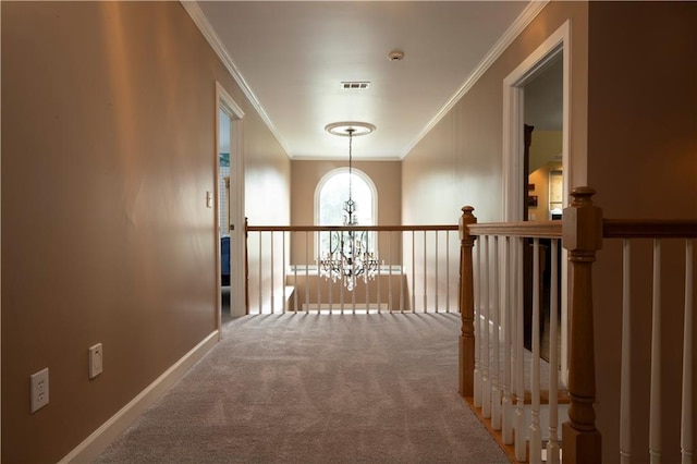 3071 Intrepid Wake, Marietta, GA 30062 - hallway with a chandelier, ornamental molding, carpet floors, and an upstairs landing