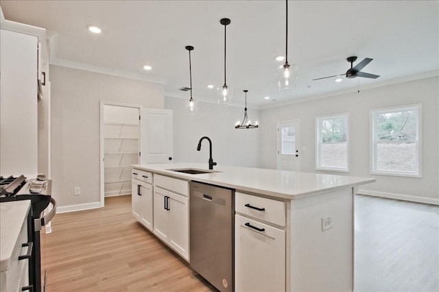 kitchen featuring ornamental molding, a sink, white cabinets, light wood-style floors, and dishwasher