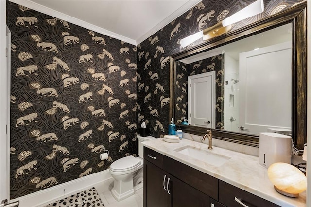 full bath featuring wallpapered walls, ornamental molding, toilet, vanity, and a shower
