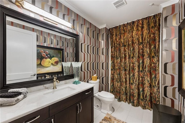 bathroom with wallpapered walls, tile patterned flooring, toilet, vanity, and a shower with curtain