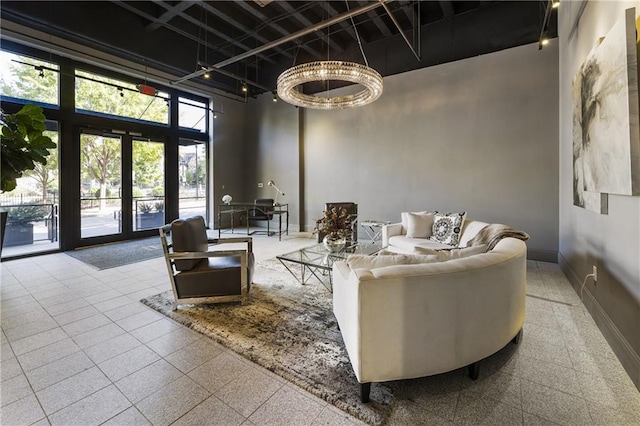 building lobby with a towering ceiling