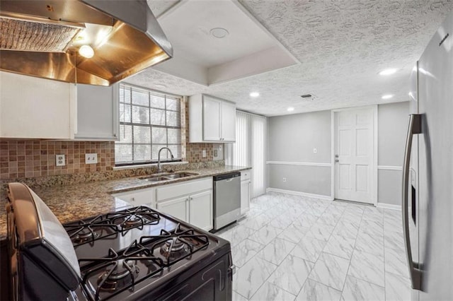 kitchen featuring dishwasher, marble finish floor, ventilation hood, refrigerator with ice dispenser, and a sink