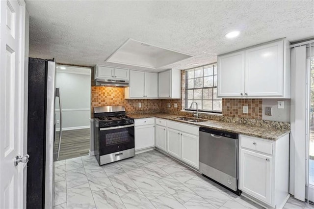 kitchen featuring under cabinet range hood, stainless steel appliances, a sink, marble finish floor, and backsplash