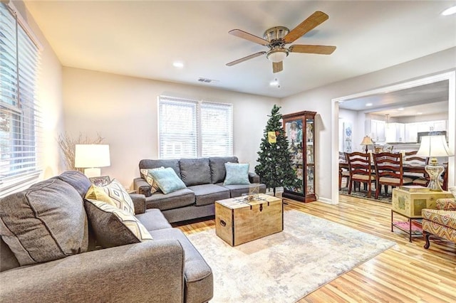 living room with a healthy amount of sunlight, ceiling fan, and light hardwood / wood-style flooring